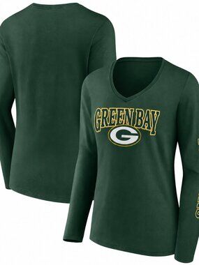 Women's Fanatics Green Bay Packers Wordmark Long Sleeve V-Neck T-Shirt